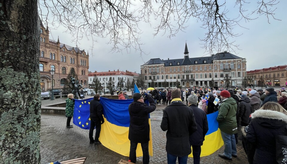 Manifestation på ettårsdagen efter mot invasionen av Ukraina.