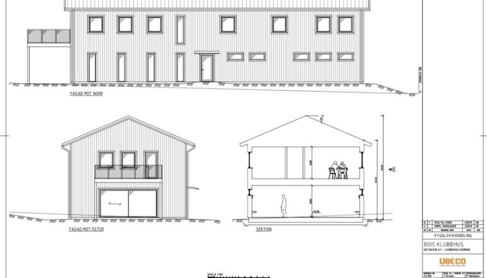 Ritningar till Bois nya klubbhus -fasad åt öster Ritningar till Bois nya klubbhus -fasad åt öster